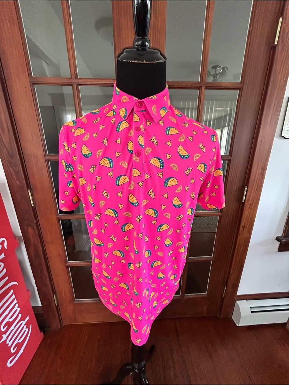 Birdie Bound Golf Polo Shirt Mens Size M Pink Food Tacos Athletic Stretch